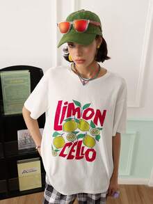 Chillnights Camiseta de cuello redondo con estampado de eslogan de limón, estilo streetwear casual, top de pijama para mujer - Blanco - Ver 6