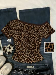 IslaSuriya Women's Leopard Print Asymmetric Shoulder Short Sleeve Fitted Fashionable T-Shirt - Multicolor - View 6