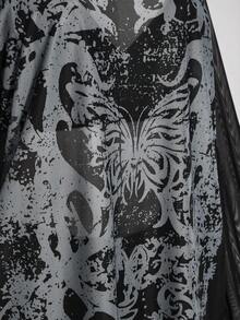 SHEIN ICON 女款大尺碼露肩蝴蝶印花長袖網紗黑色洋裝 - 黑色 - 查看 4