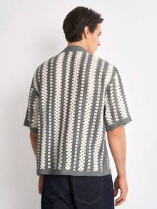 RONVEXI Men's Summer Hollow Knit Short Sleeve Polo Shirt, Casual 80s Open Front Knit Shirt Vacation Gray Vacation Vacation - Light Grey - View 2