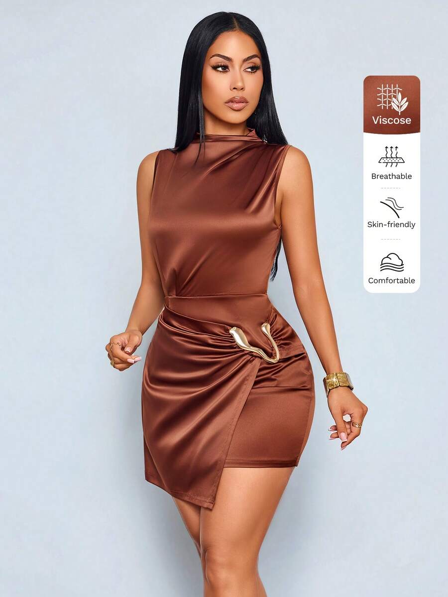 SOLERSUN Women's Solid Color Stand Collar Metal Decor Asymmetric Hem Sleeveless Fashion Dress - Brown - View 1