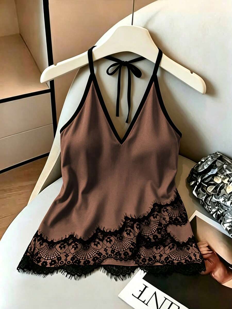 SHEIN EZwear 女款蕾絲拼接休閒百搭日常穿搭細肩帶背心上衣 - 咖啡棕 - 查看 1