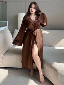Dazy Plus Solid Color Satin Contrast Lace Sexy Loose Tie-Front Plus Size Women's Spring/Autumn Loungewear Robe - Brown - View 6