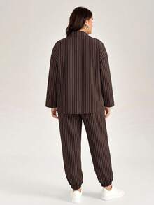 Comfylo Plus Size Women's Striped Long Sleeve Top And Pants Casual Daily 2 Pieces Set Fall - Coffee Brown - View 3