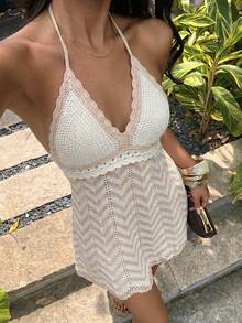 Flora Isola Flora Isola Elegant Resort Beach Sleeveless Hollow-Out Knit Dress, Beige, Spring/Summer - Apricot - View 6