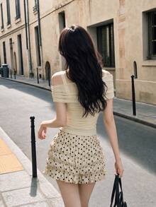 SHEIN MOD Áo ba lỗ màu trơn có lưới Sheer Apricot cho nữ - Màu be - Xem 2