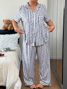 Napfluff CURVE Napfluff CURVE Plus Size Floral Short Sleeve & Long Pants Set, Casual Striped Lapel 2 Pieces Lounge Pajamas - Multicolor - View 2