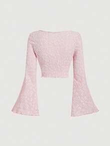SHEIN MOD 女式复古V领短款喇叭袖系带上衣 - 粉色 - 查看 2