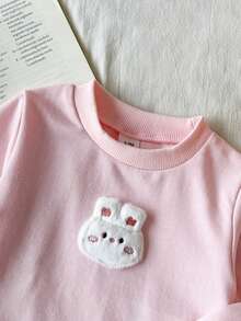 SHEIN 女嬰時尚刺繡蕾絲下擺印花運動衫 - 粉色 - 查看 5