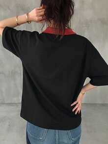 FRIFUL 女款黑白條紋寬鬆 Polo 領短袖休閒 T 恤，夏季 - 黑色 - 查看 2
