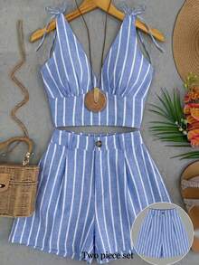 Breezaya Setelan Atasan Ruffle Depan Ikat Depan dan Celana Pendek Model A-Line Warna Biru Muda Ukuran Plus. Setelan Pantai Musim Semi, Musim Panas, Musim Gugur, Musim Dingin, Pakaian Liburan, Setelan Kasual untuk Bergaris di Laut - Baby Blue - View 3