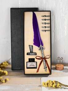 1 Feather Pen Set, Shiny Feather Pen Set, Retro Calligraphy Ink Pen (Including Ink), 2 Replacement Pen Tips, Pen Holder, Luxurious Retro Signature Pen, Easter And Halloween Letter Writing Pen. - Multicolor - View 2