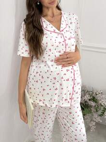Moonlight&Mama Romantic Small Ditsy Floral Contrast Trim Lapel Button-Up Short Sleeve Top And Pants Maternity Pajama Set - White - View 6