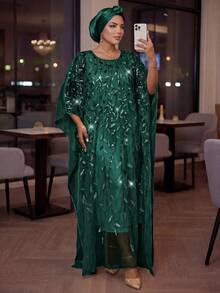 SHEIN Lady CURVE Plus Size Elegant Formal Elegant Party Evening Wedding Sequin Embroidered Mesh Dress Dark Green Summer Vacation - Dark Green - View 4