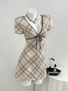 Elamini Women's Plaid Front Tie Short Sleeve Casual Preppy Sexy Cute Short Dress Back-To-School Date Everyday Graduation Teacher Elementary Beige Summer - Apricot - View 5