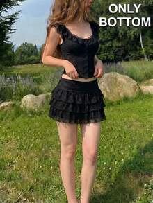 SHEIN MOD 女款黑色蕾絲荷葉邊迷你裙，情人節度假穿搭，性感夜店風女裝 - 黑色 - 查看 1