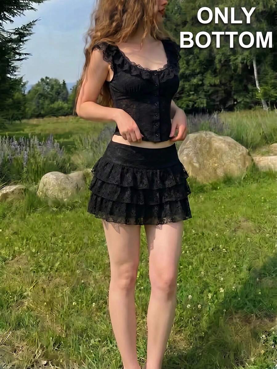SHEIN MOD 女款黑色蕾絲荷葉邊迷你裙,情人節度假穿搭,性感夜店風女裝 - 黑色 - 查看 1