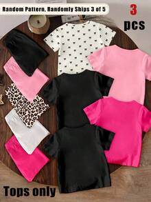SHEIN (3 Random Item From 5) Girls' Fresh Minimalist Shiny Bow Crown Flower Heart Leopard Print Stripe Pattern Basic Short T-Shirt - Multicolor - View 2