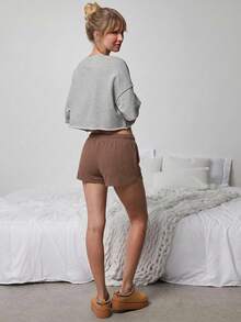 WESTFADE Pantalón corto de estar por casa de punto texturizado con lazo delantero y cintura media, lindo - Marrón - Ver 2