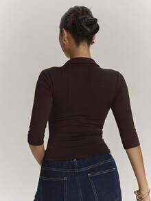 SHEIN BAE 女款休閒優雅極簡通勤上班短袖 Polo 領上衣，梅紅色上衣，紫色上衣，藕紫色上衣，外出上衣，休閒上衣，辦公室上衣，教師上衣 - 咖啡棕 - 查看 2