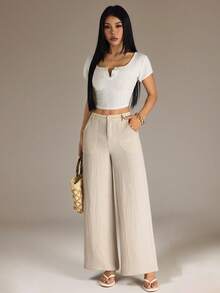SHEIN PETITE 100% Washed Cotton Low Waist Straight Pants - Apricot - View 3