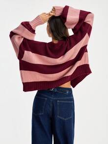 SHEIN 女款條紋落肩長袖單排扣休閒針織開襟衫 - 彩色 - 查看 2