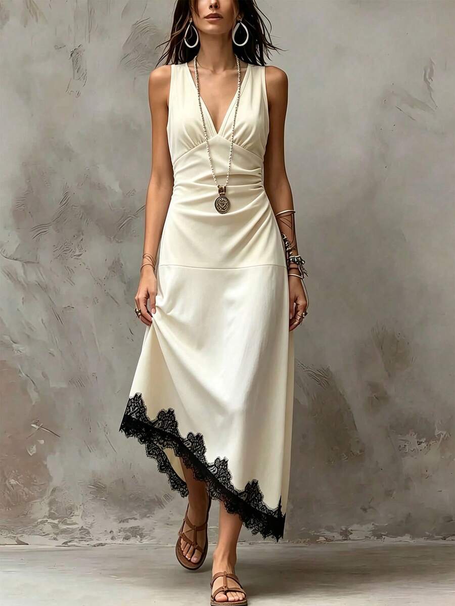 SHEIN V-Neck Lace Patchwork Sleeveless Pleated Sexy Dress, Women's Spring/Summer Dress, Vacation, Outing, Y2K, Spring, Summer, Back To School, Casual, Beach, Business, Versatile, Women's Apricot Dress, Women's Lace Patchwork Long Dress - Black and White - View 1