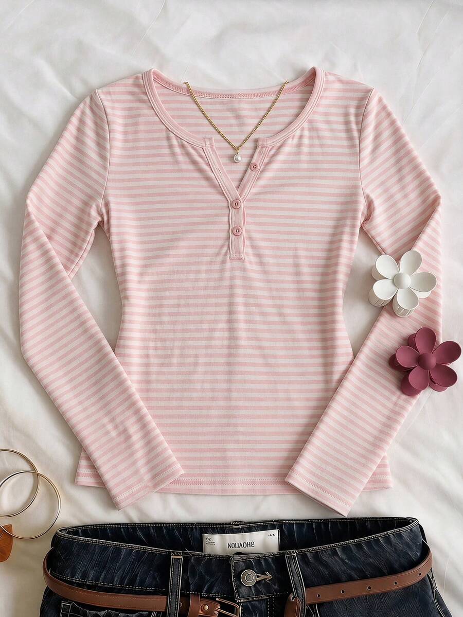 SHEIN 青少年女孩條紋休閒百搭日常長袖T恤 - 棕色 - 查看 1