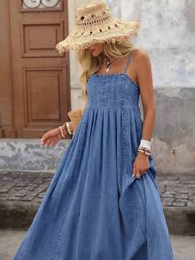 Brillora Damen Lässig Boho Urlaubs Spaghetti-Träger Denim Kleid Herbstkleidung Schulanfang Strandoutfits Land Hellblau - Mittele Waschung - Übersicht 6