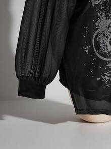 SHEIN ICON 女款大尺碼露肩蝴蝶印花長袖網紗黑色洋裝 - 黑色 - 查看 6