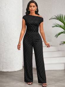 SHEIN Lady 女款波點不對稱單肩上衣與長款休閒日常兩件套 - 黑色 - 查看 6