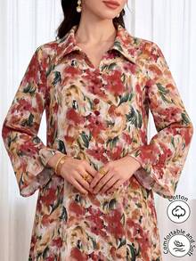 Yasmyna 領口前開扣棉質印花多色長版襯衫 - 紅色 - 查看 2