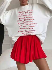 SHEIN Unity Sweatshirt Wanita Gaya Jalanan Eropa & Amerika, Model Longgar Kasual dengan Tulisan Tangan Merah dan Warna Putih. - Putih - View 3