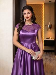 SHEIN Lady CURVE Plus Size Women's Lace Patchwork Elegant French Style Evening Formal Wedding Guest Dress For Party Wedding And Birthday Purple Summer Graduation - Purple - View 10