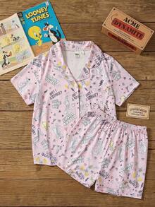 LOONEY TUNES X SHEIN GraphicGems Tween-Mädchen Sommer Schlafanzug-Set, süßer X Kollektion Muster, flammhemmendes Milchseide, weich & bequem Cardigan mit Kragen & Shorts, 2-teiliger Pyjama - Pink - Übersicht 8