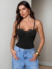 SHEIN Tall 女款夏季性感純色蕾絲飾邊細肩帶背心 - 黑色 - 查看 1