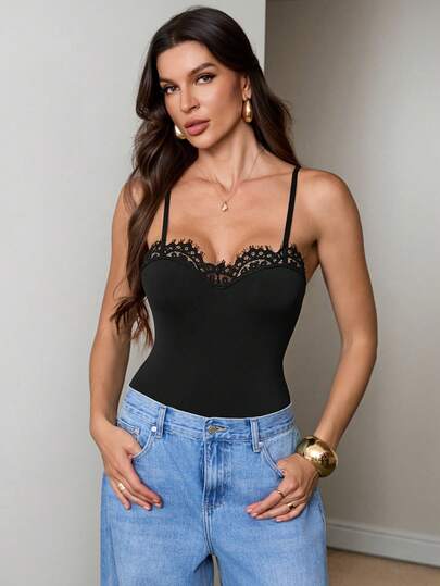 SHEIN Tall Women's Summer Sexy Solid Color Lace Trim Camisole Camisole