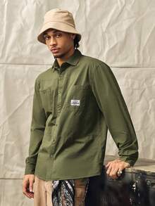 Men's Casual Cotton Shirt, Solid Color, Comfortable, Multi-Pocket, Retro Style, Suitable For Daily Wear, Spring/Autumn, Fall, Long Sleeve Top Couple Unisex - Army Green - View 6