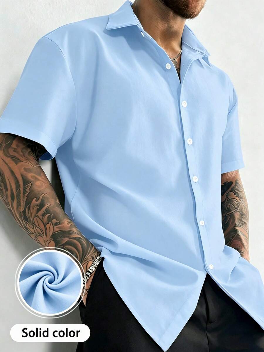 Manfinity Dauomo Men's Solid Color Button-Front Short Sleeve Shirt, Summer - Baby Blue - View 1