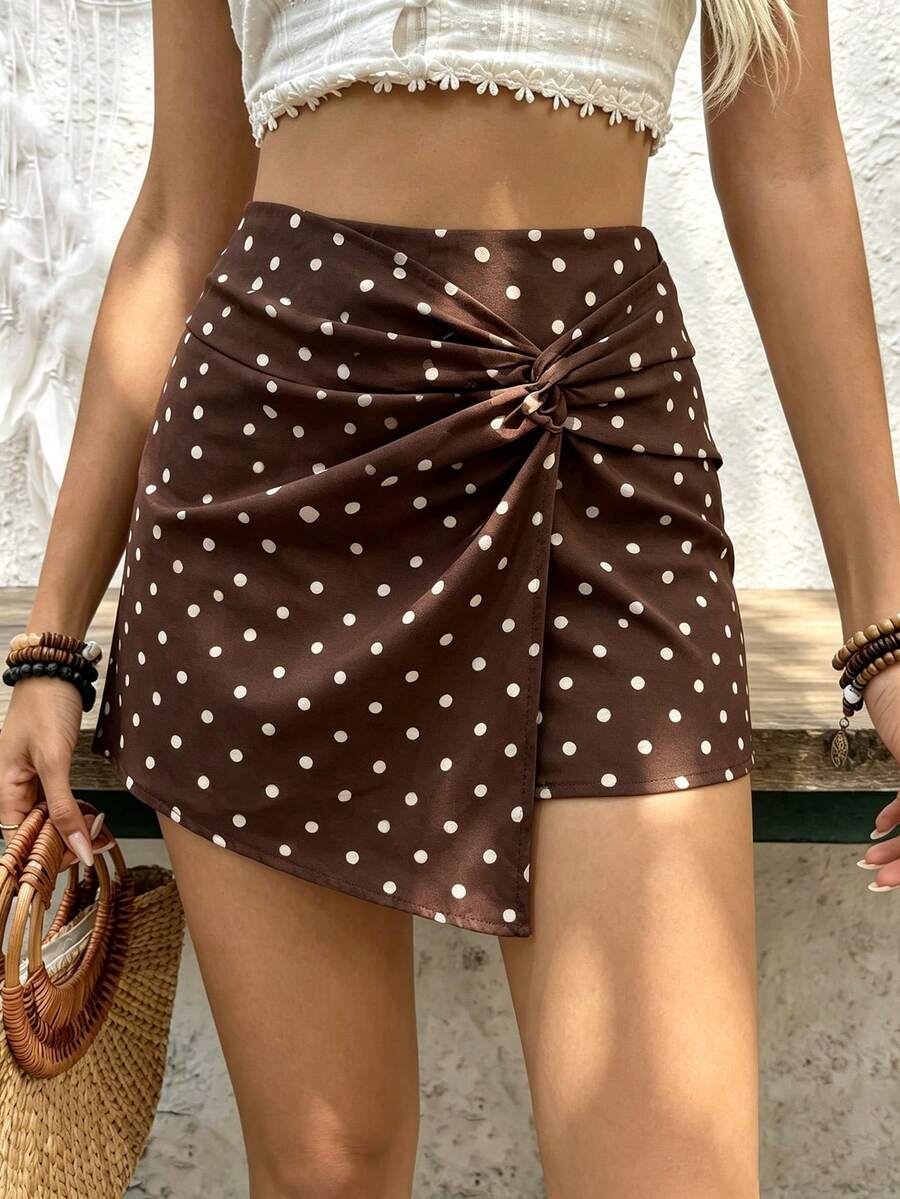 SHEIN Holidaya 女款波點不對稱下擺扭轉裙褲 - 咖啡棕 - 查看 1