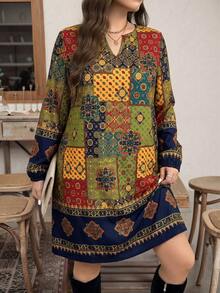 SHEIN LUNE 大尺碼女款全印花休閒 90 年代傳統 70 年代日常秋季連身裙 度假派對 深綠色 - 彩色 - 查看 4