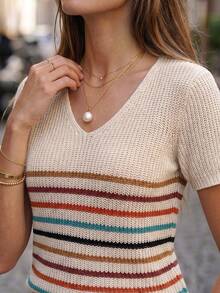 Isle Nomé Women's Casual Vacation Colorful Striped Knit Top, Spring/Summer - Apricot - View 6