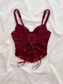 Soleia Spring/Summer Casual Vacation Lace Sheer Fishbone Tank Top For Beach And Wedding - Burgundy - View 2