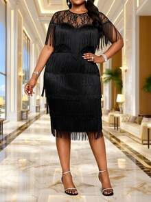 SHEIN Lady Plus Size Women's Contrast Lace Round Neck Tassel Design Elegant 70's Dress Cocktail Party Black Summer - Black - View 4