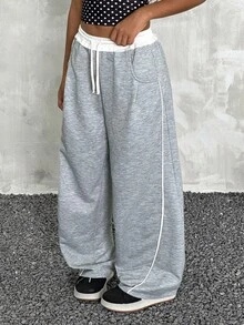 Pantalones rectos básicos esenciales de cintura elástica en gris francés, estilo casual deportivo de calle para niñas preadolescentes en verano - Gris - Ver 7