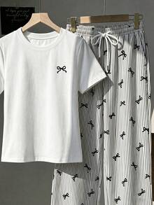 Comfortcana 2pcs Set Embroidered Round Neck Short Sleeve Top And Striped Print Pants, Casual,Summer Outfits For Women - Black - View 6