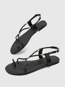 CUCCOO BIZCHIC French-Toed Roman Sandals For Women, Cross-Strapped Metal Embellishment, Flat-Bottomed Comfortable And Versatile Women's Shoes - Black - View 10