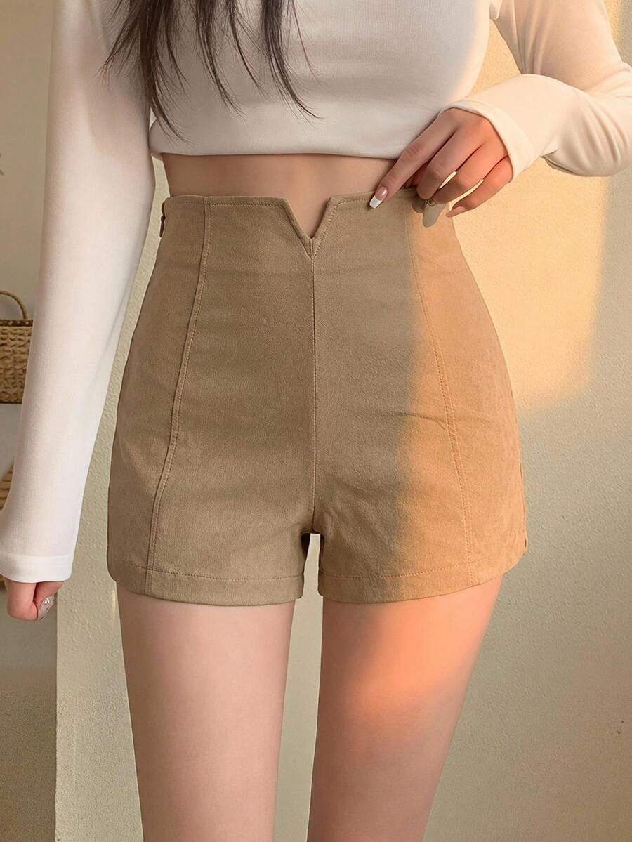 DAZY 女款夏季休閒百搭純色高腰短褲 - 卡其色 - 查看 1