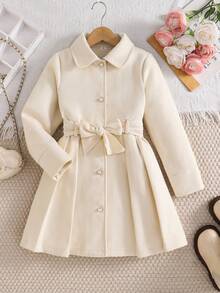 Tween Girls Single-Breasted Elegant Lapel Mid-Length Flared Overcoat - Beige - View 4