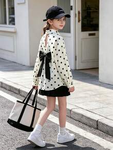 Elladie kids 女童大童新款粉色長袖襯衫，可愛休閒舒適長袖上衣，背後鏤空設計搭配蝴蝶結裝飾，新穎撞色時尚校園風 - 米色 - 查看 4